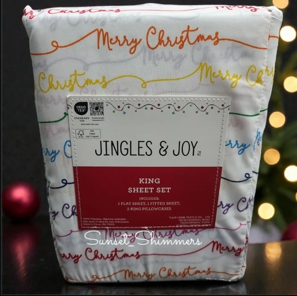 Jingles & Joy Colorful Merry Christmas KING Bed Sheet Set Decor NEW